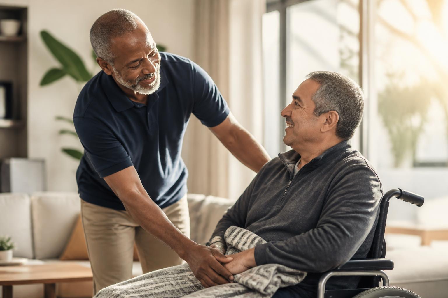 A warm, professional elderly Black caregiver gently assisting a man seated in a wheelchair in a sunlit living room