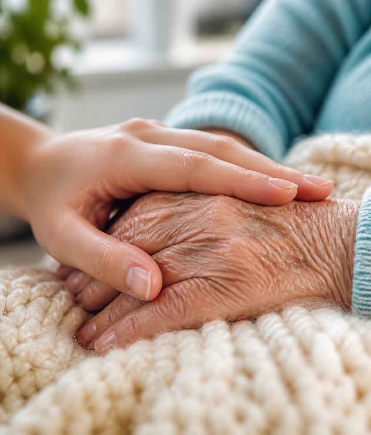 A younger hand gently resting over an elderly person's hand on a knit blanket