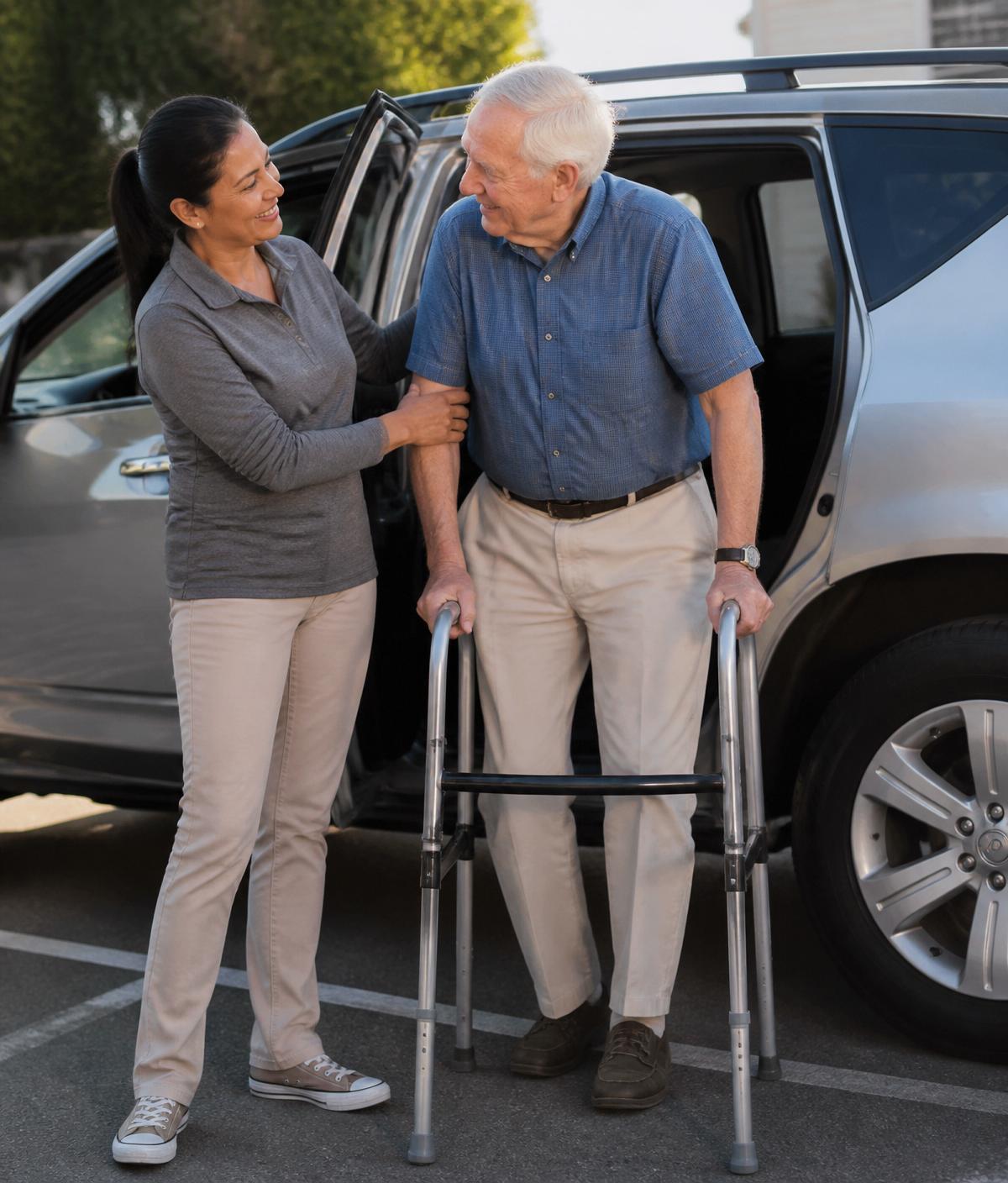 A caregiver helping an older man with a walker step out of a car